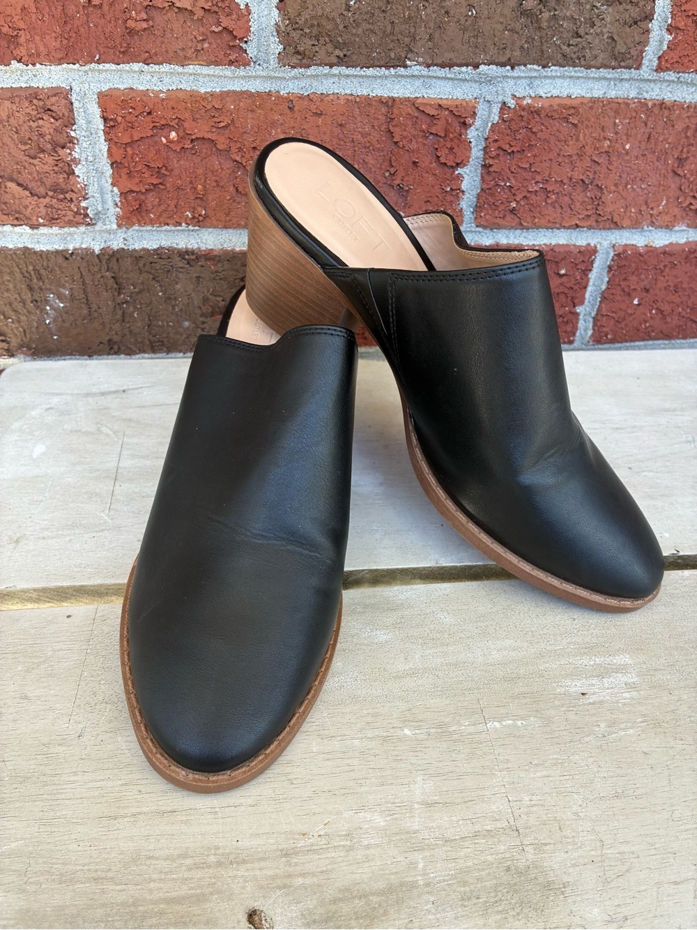 LOFT Black Leather-Look Mules Like New